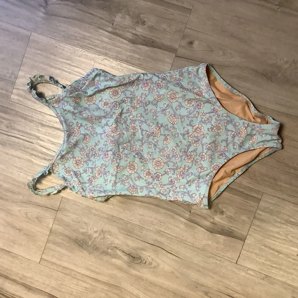 Crewcuts Swimsuit Size 14 J Crew Girls Kids Blue Pink Floral Ruffle One Piece